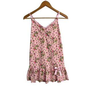 Betsey Johnson Womens Nightgown Sleep Dress Medium Pink Floral VTG Bow Babydoll